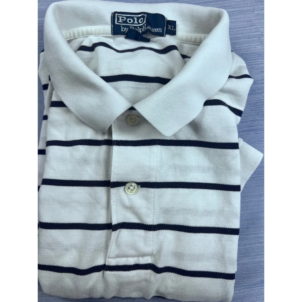 Polo‎ Ralph Lauren Mens XL White Navy Blue Striped Cotton Pique Polo Shirt